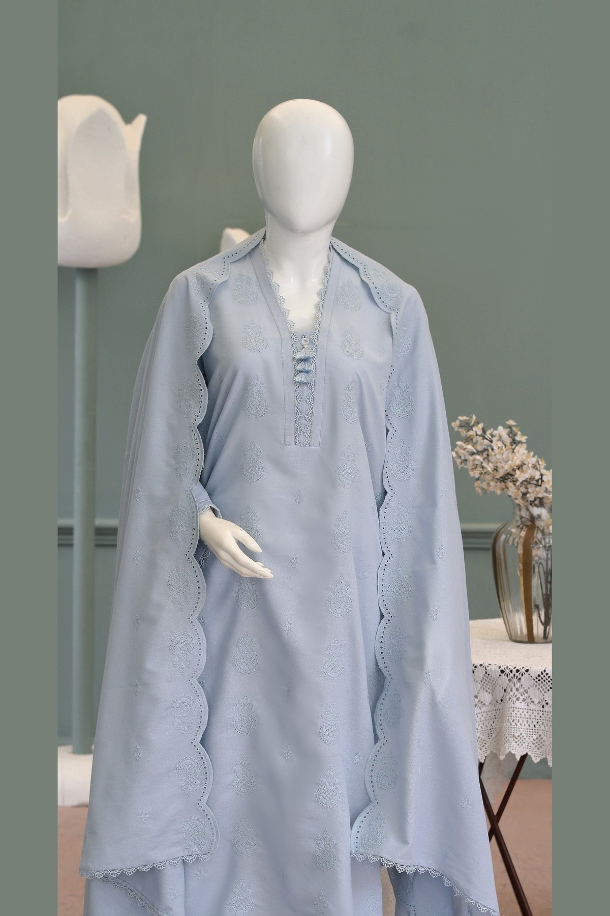 Ice Blue Karandi Shawl Set - unstitched 3-piece with ready-to-carry shawl