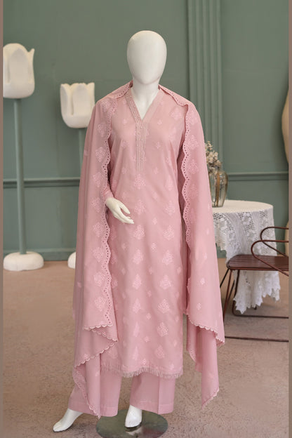 Tea Pink Karandi Shawl Set - unstitched 3-piece with ready-to-carry shawl