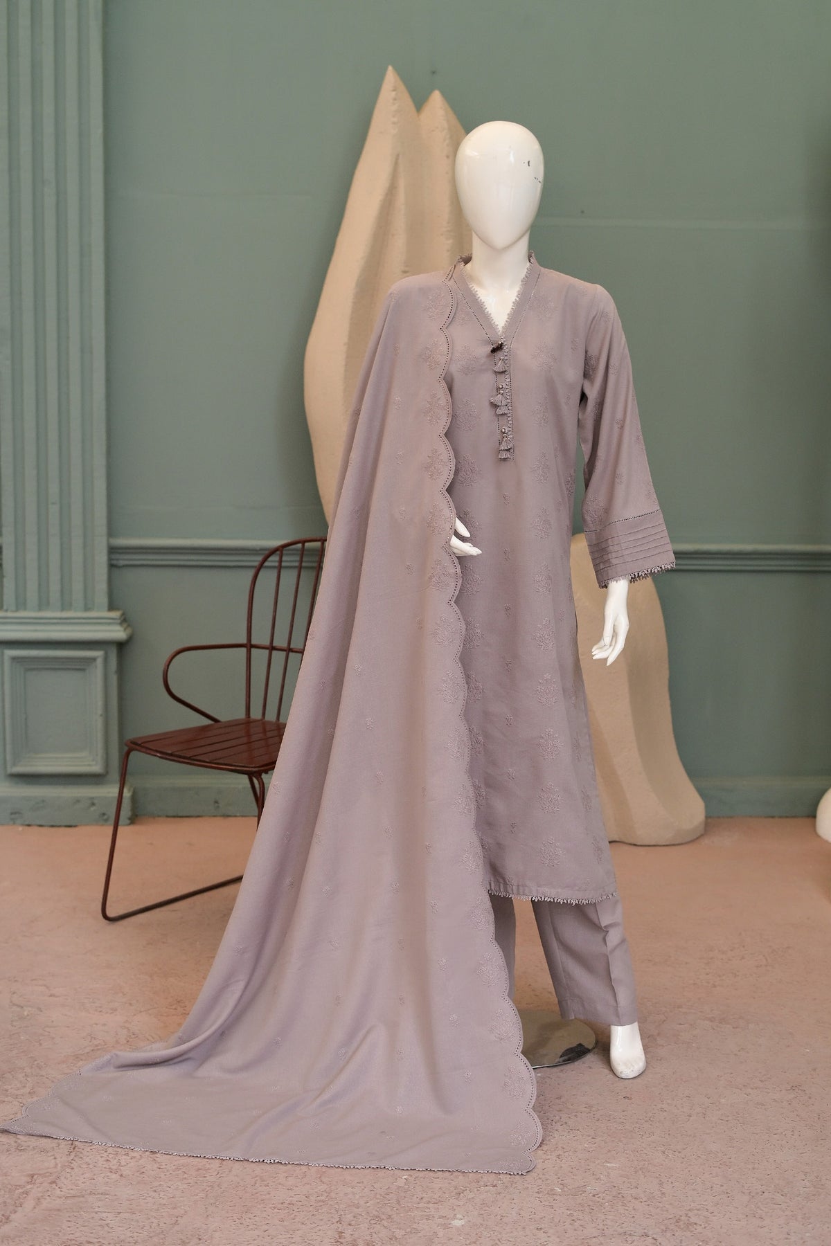 Mauve Karandi Shawl Set - unstitched 3-piece with ready-to-carry shawl