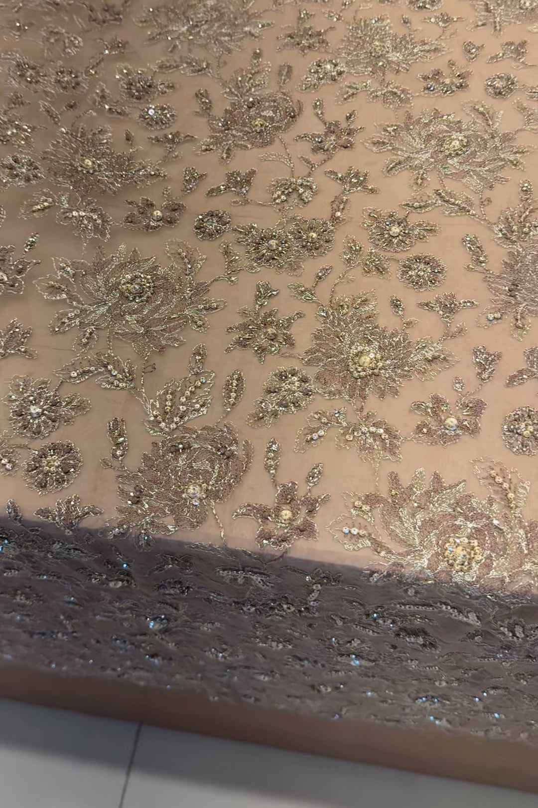 Beige hand-embellished chiffon formal shirt with silver and gold bead floral work