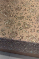 Beige hand-embellished chiffon formal shirt with silver and gold bead floral work