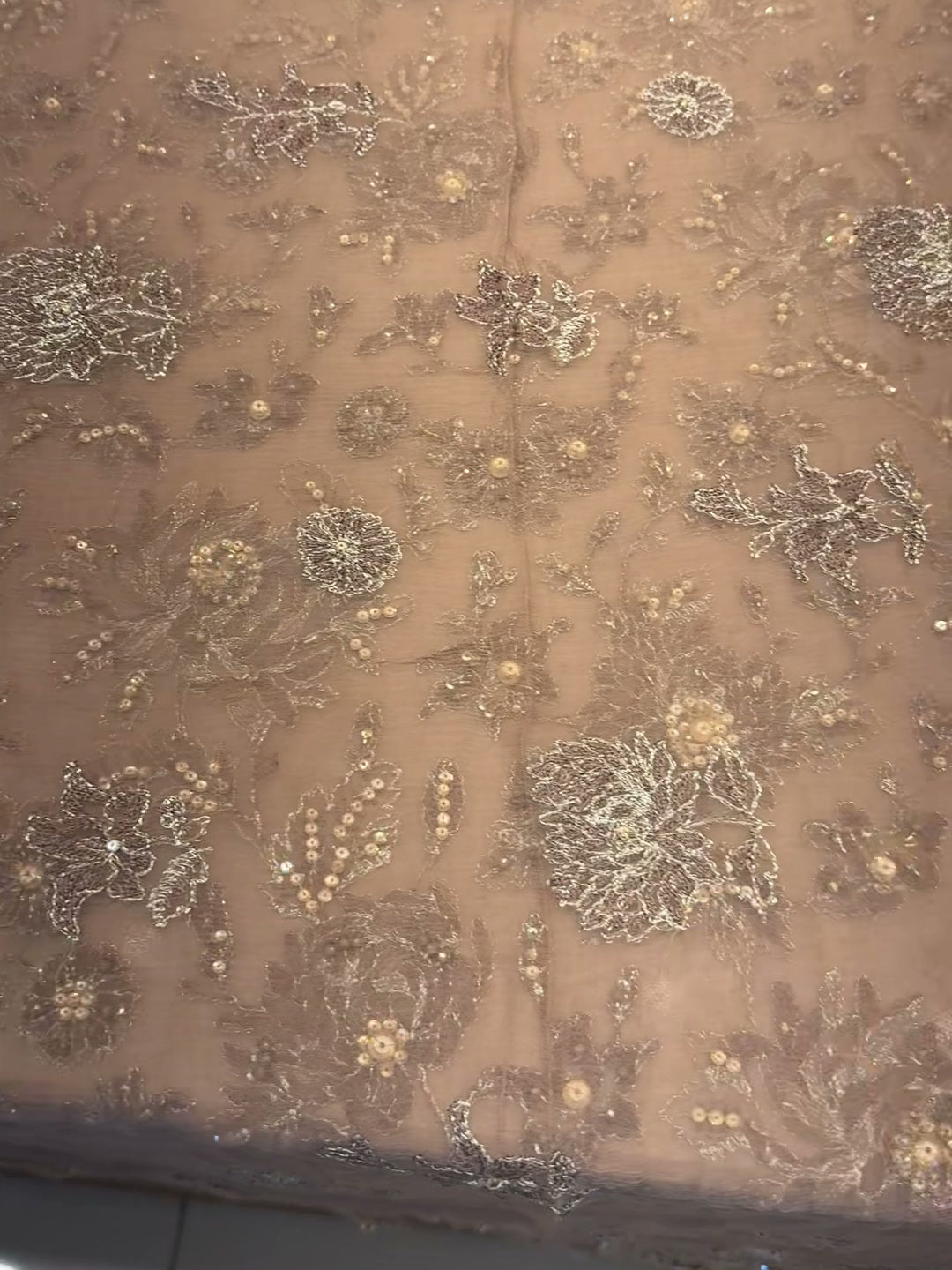 Beige chiffon dupatta with embroidered floral motifs
