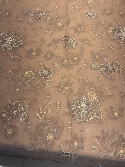 Beige chiffon dupatta with embroidered floral motifs