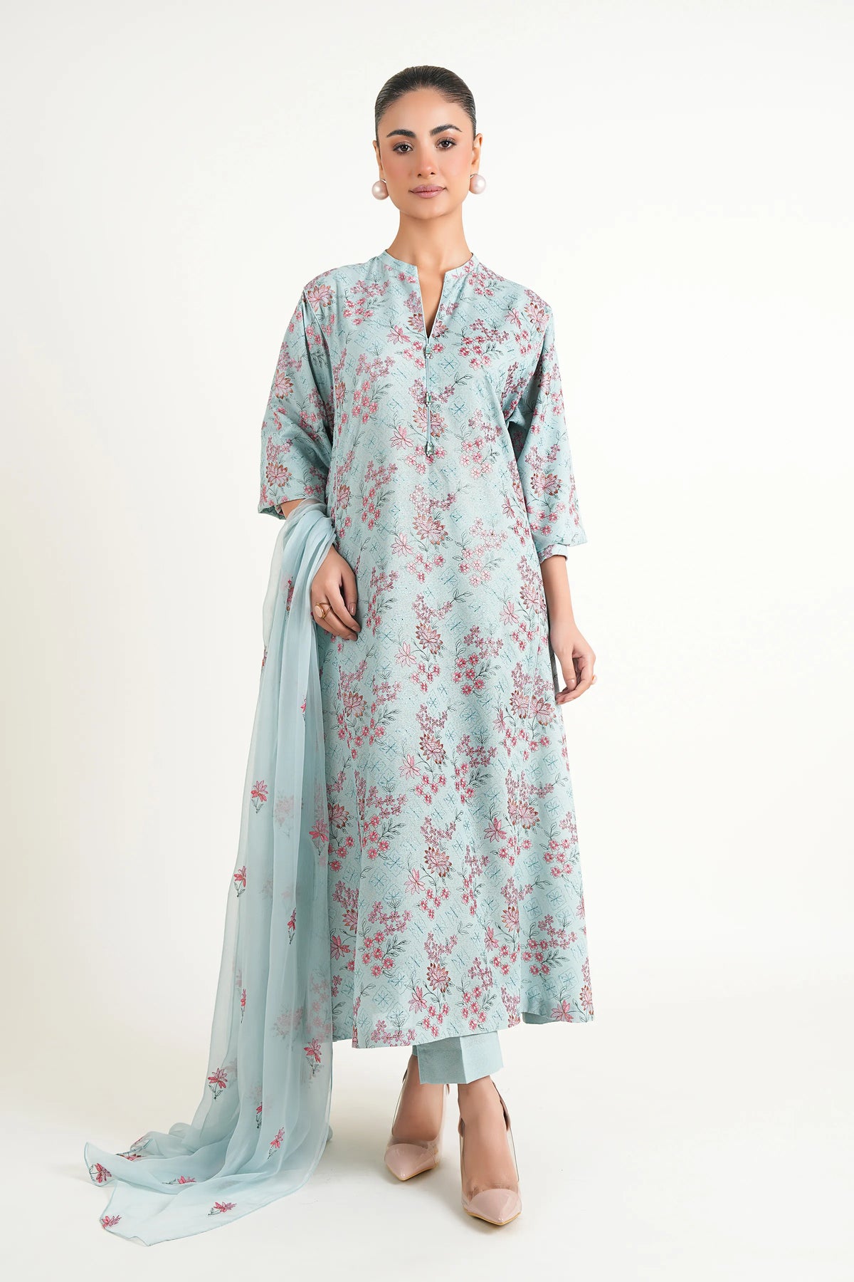 Sky Blue Embroidered Karandi - unstitched 3-piece suit