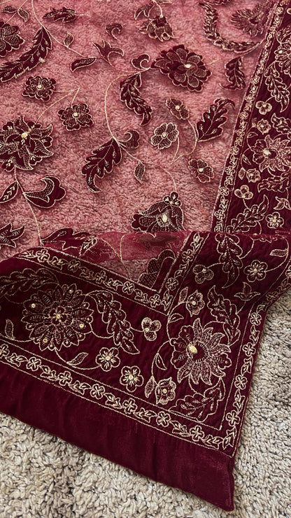 Fabareeze Maroon Star Dust cut work Velvet