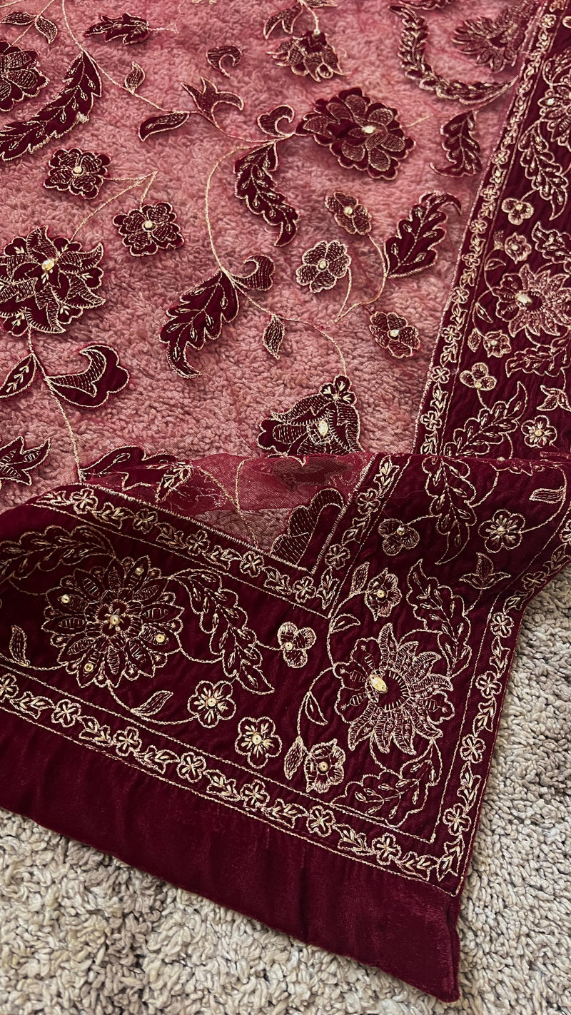 Fabareeze Maroon Star Dust cut work Velvet