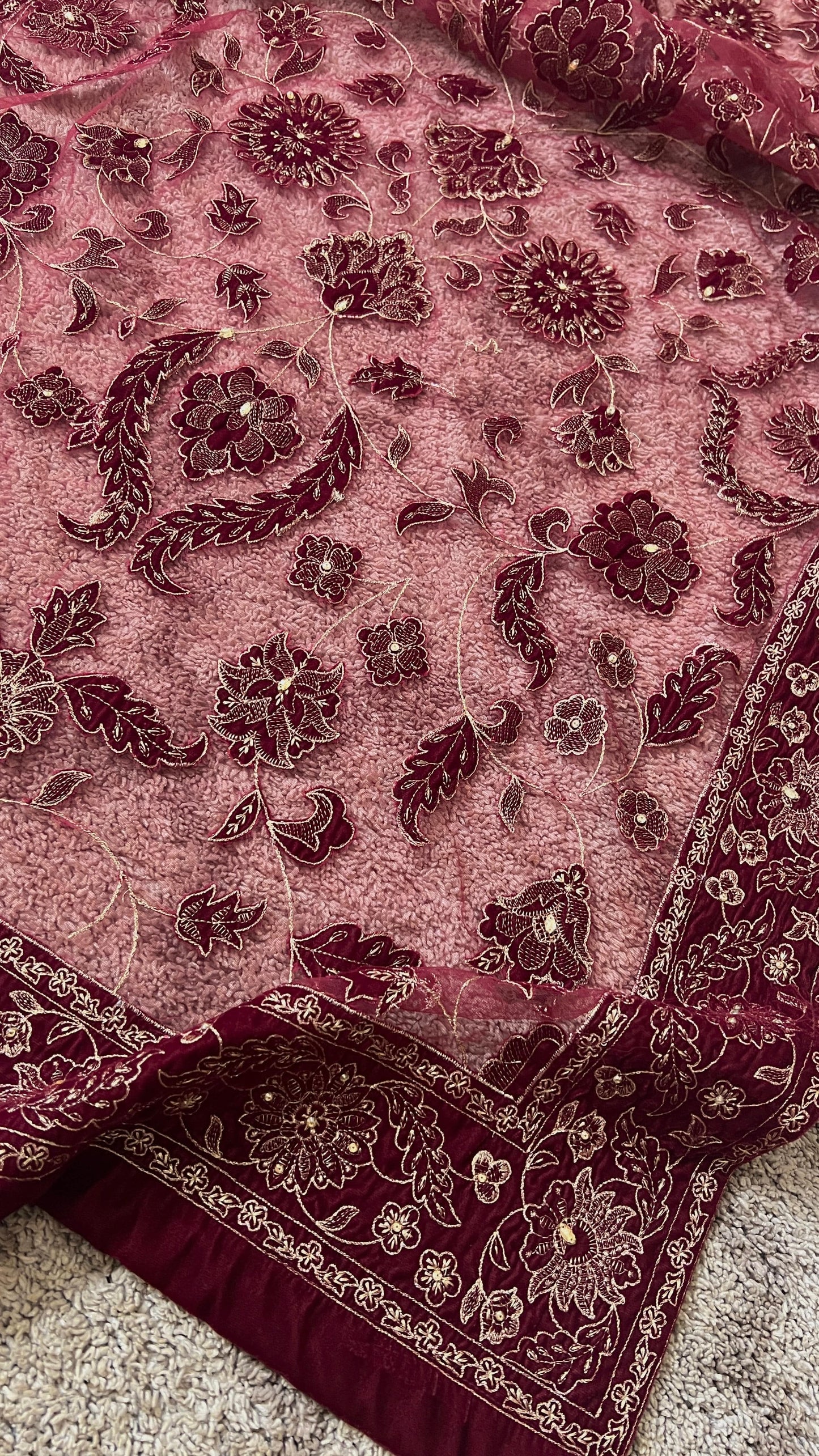 Fabareeze Maroon Star Dust cut work Velvet