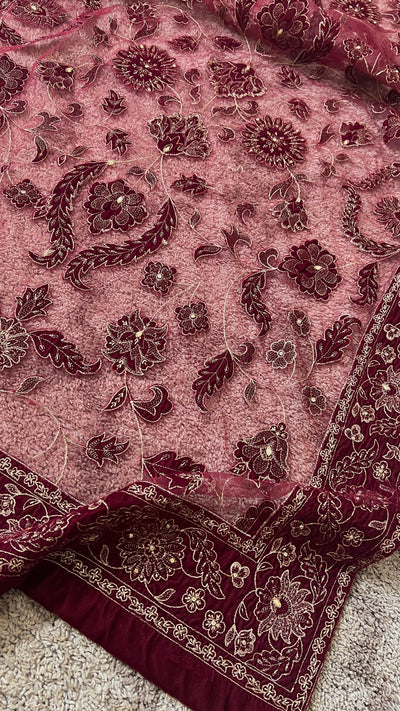 Fabareeze Maroon Star Dust cut work Velvet
