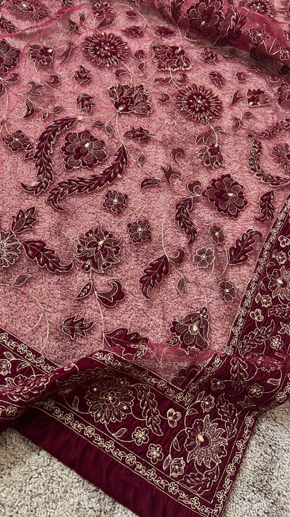 Fabareeze Maroon Star Dust cut work Velvet