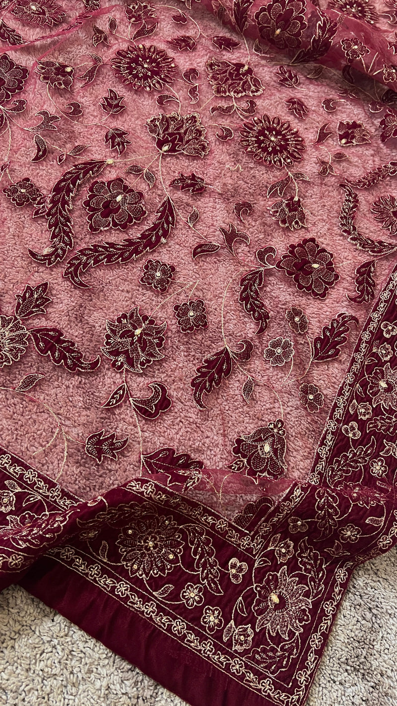 Fabareeze Maroon Star Dust cut work Velvet