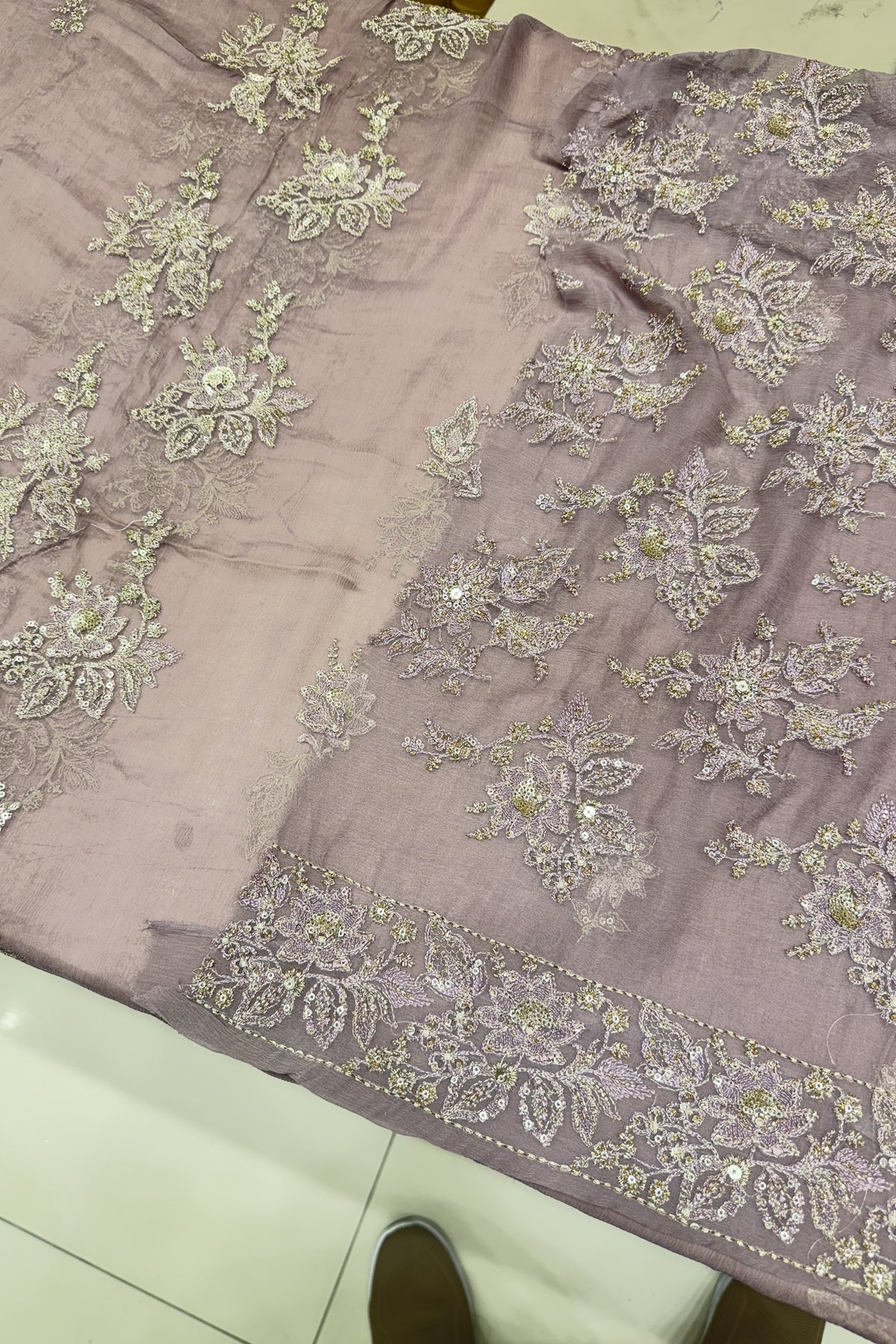 Taupe Luxury Formal Chiffon - hand embellished fabric