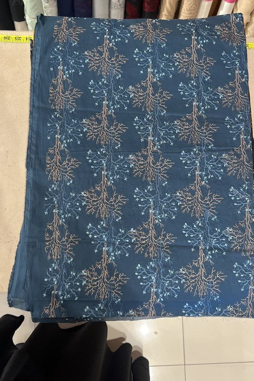 Teal Blue Embroidered Lawn - fabric closeup