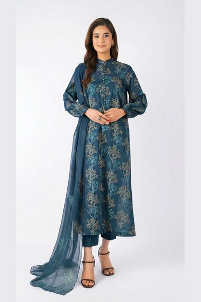 Teal Blue Embroidered Lawn 3 Piece - model