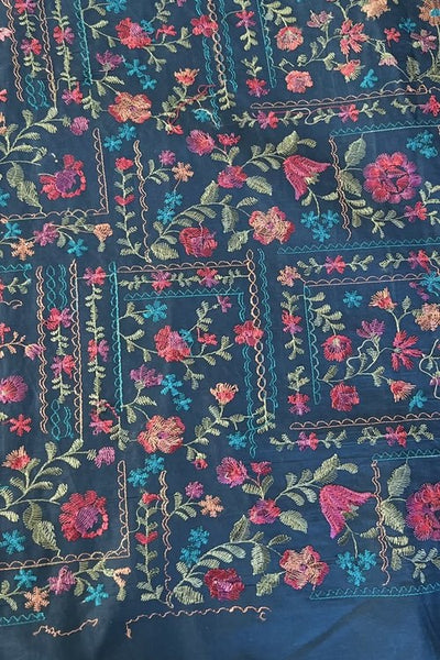 Teal Blue Embroidered Lawn - fabric closeup