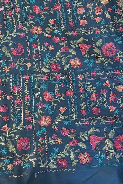 Teal Blue Embroidered Lawn - fabric closeup