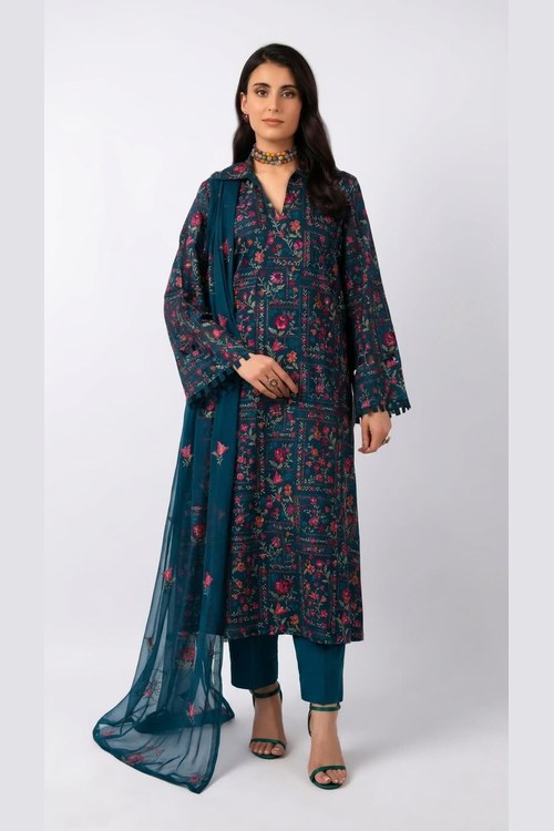 Teal Blue Embroidered Lawn 3 Piece - model