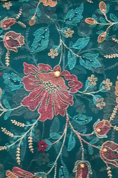 Teal embroidered chiffon 2 piece — shirt and dupatta with stone and pearl handwork
