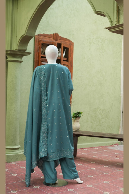 Teal Karandi Shawl Set - embroidered karandi shawl, ready to carry