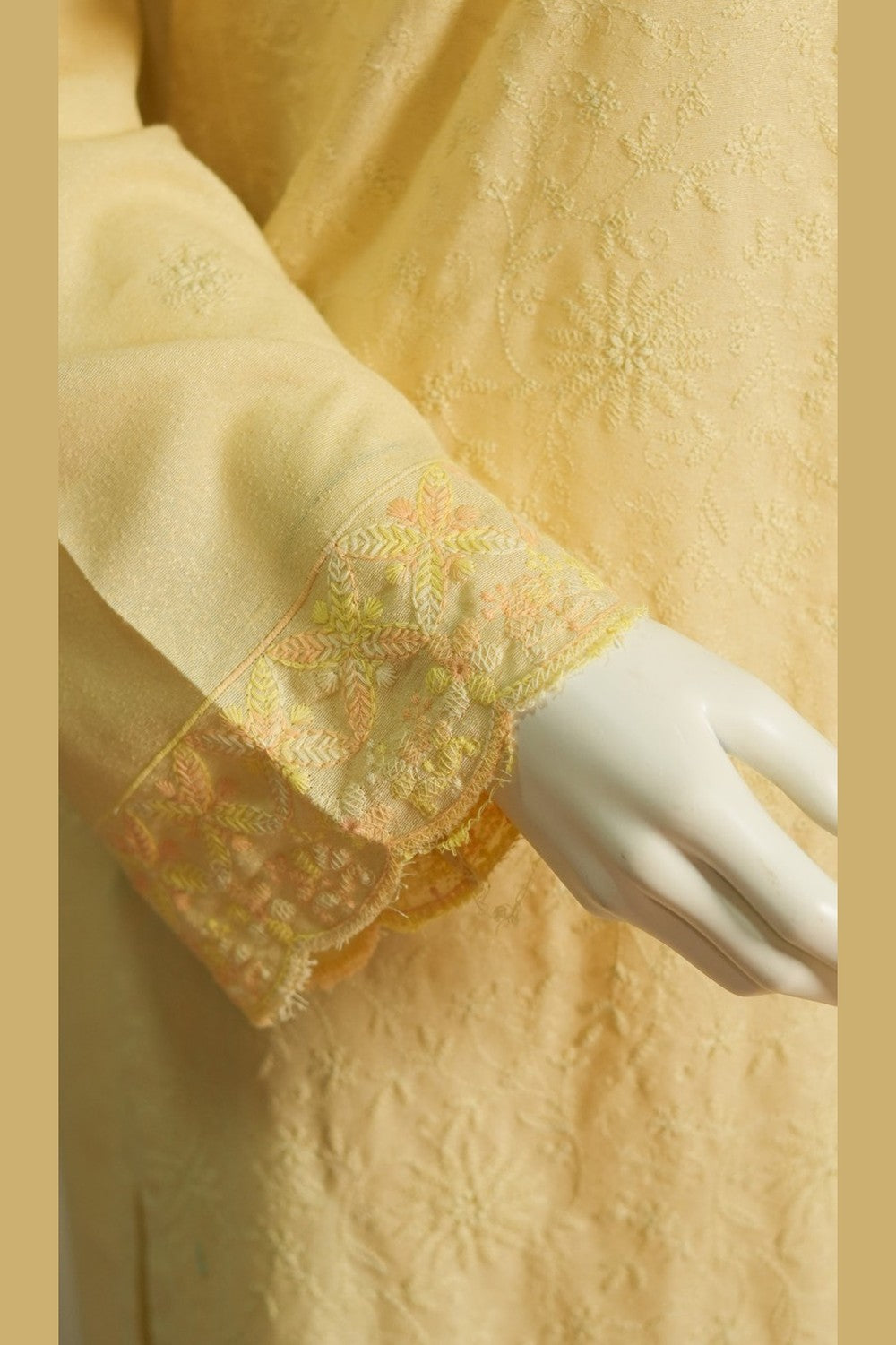 Yellow Karandi Shawl Set - embroidery detail
