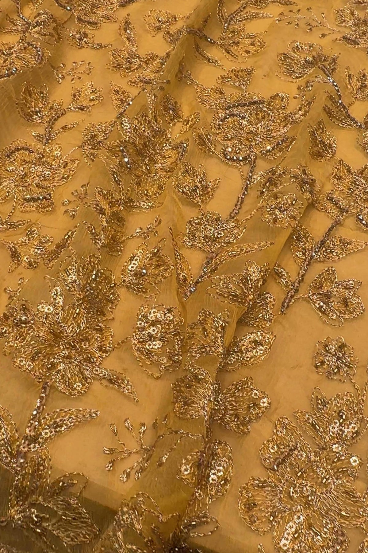 Yellow luxury formal chiffon — hand embellished fabric